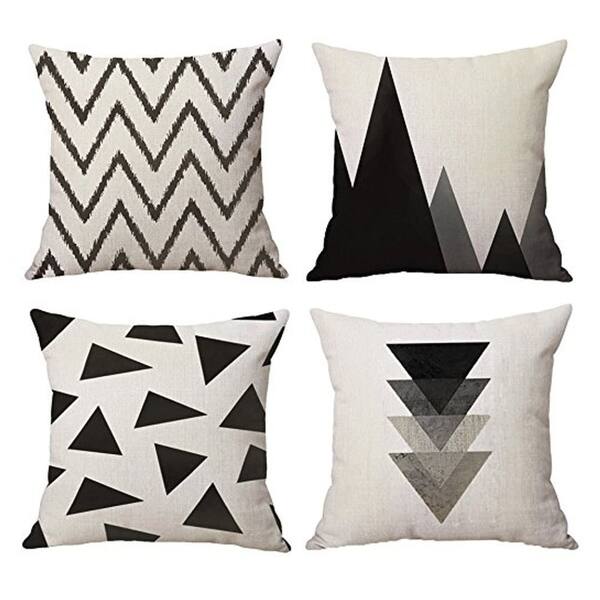 Cotton Linen Pillow Case Black and White Geometrical 18 x 18 Set of 4