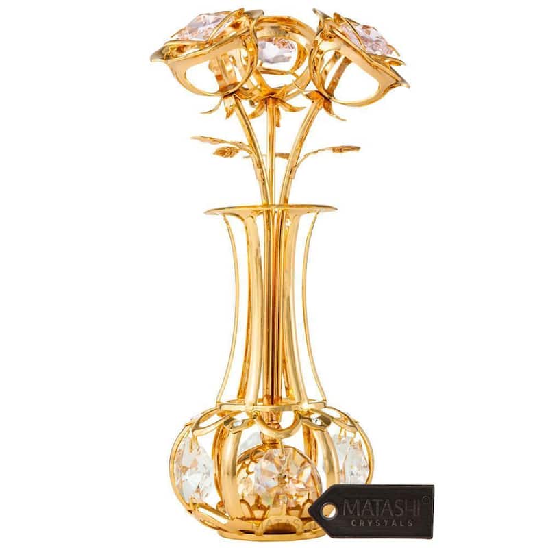 Matashi 24k Gold Plated Flowers Bouquet and Vase w/ Pink & Clear Matashi Crystals - 5 x 1.5 x 1.5