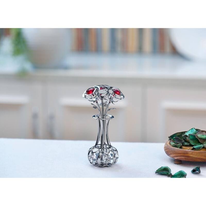 Matashi 24k Gold Plated Flowers Bouquet and Vase w/ Pink & Clear Matashi Crystals - 5 x 1.5 x 1.5
