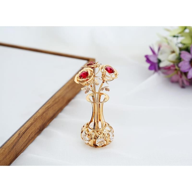 Matashi 24k Gold Plated Flowers Bouquet and Vase w/ Pink & Clear Matashi Crystals - 5 x 1.5 x 1.5