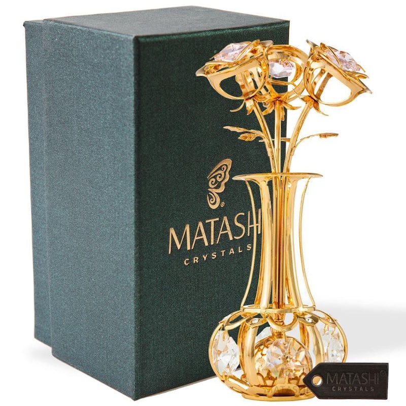 Matashi 24k Gold Plated Flowers Bouquet and Vase w/ Pink & Clear Matashi Crystals - 5 x 1.5 x 1.5