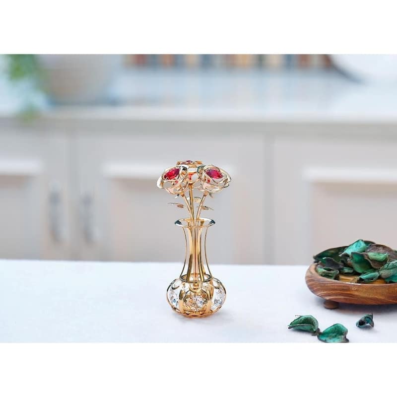 Matashi 24k Gold Plated Flowers Bouquet and Vase w/ Pink & Clear Matashi Crystals - 5 x 1.5 x 1.5