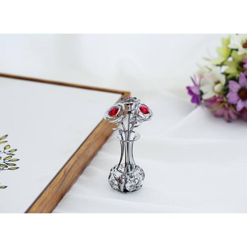 Matashi 24k Gold Plated Flowers Bouquet and Vase w/ Pink & Clear Matashi Crystals - 5 x 1.5 x 1.5