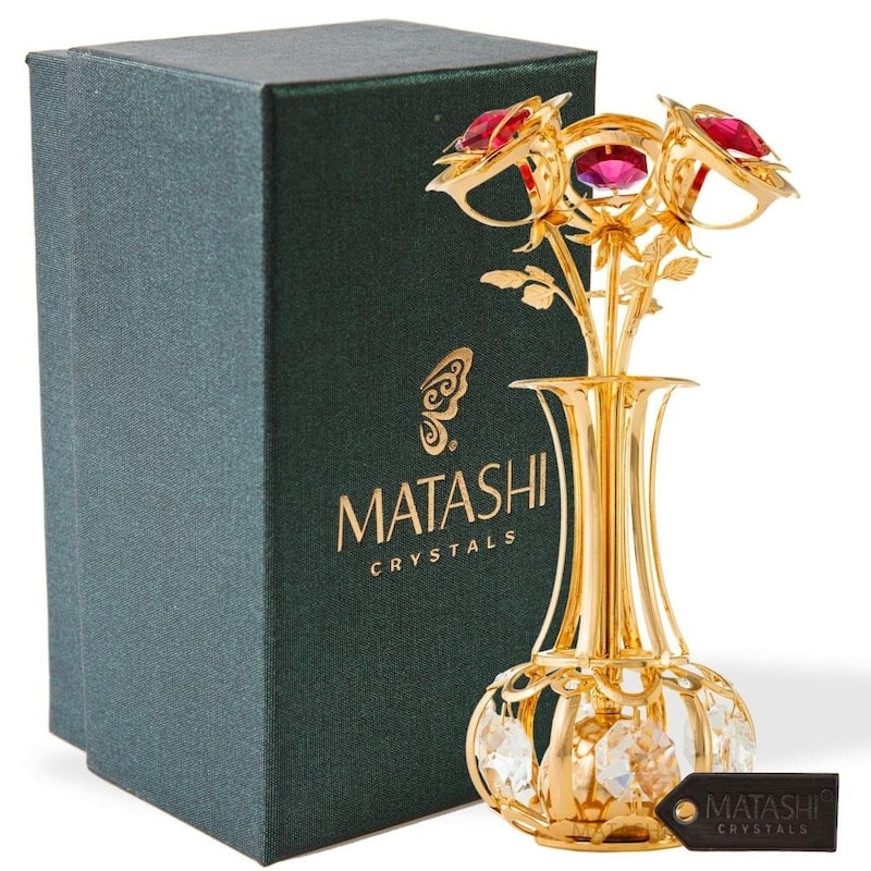 Matashi 24k Gold Plated Flowers Bouquet and Vase w/ Pink & Clear Matashi Crystals - 5 x 1.5 x 1.5