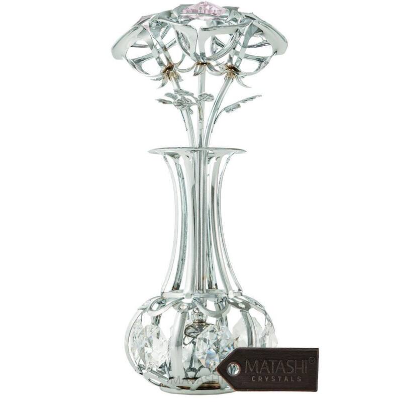 Matashi 24k Gold Plated Flowers Bouquet and Vase w/ Pink & Clear Matashi Crystals - 5 x 1.5 x 1.5 - Silver/Pink