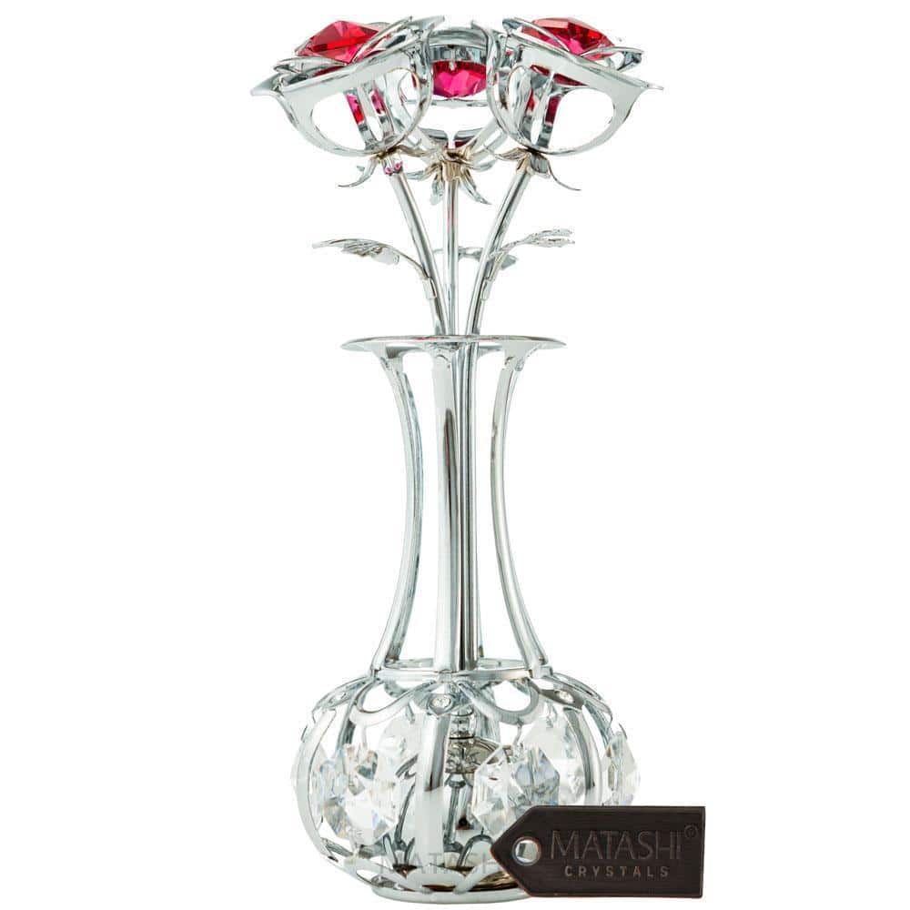 Matashi 24k Gold Plated Flowers Bouquet and Vase w/ Pink & Clear Matashi Crystals - 5 x 1.5 x 1.5