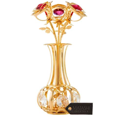 Matashi 24k Gold Plated Flowers Bouquet and Vase w/ Pink & Clear Matashi Crystals - 5 x 1.5 x 1.5