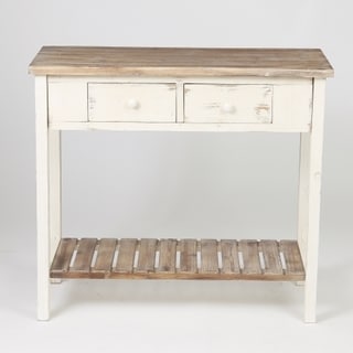 Distressed White Wood Vintage 2-drawer Console Table with Natural Wood Top