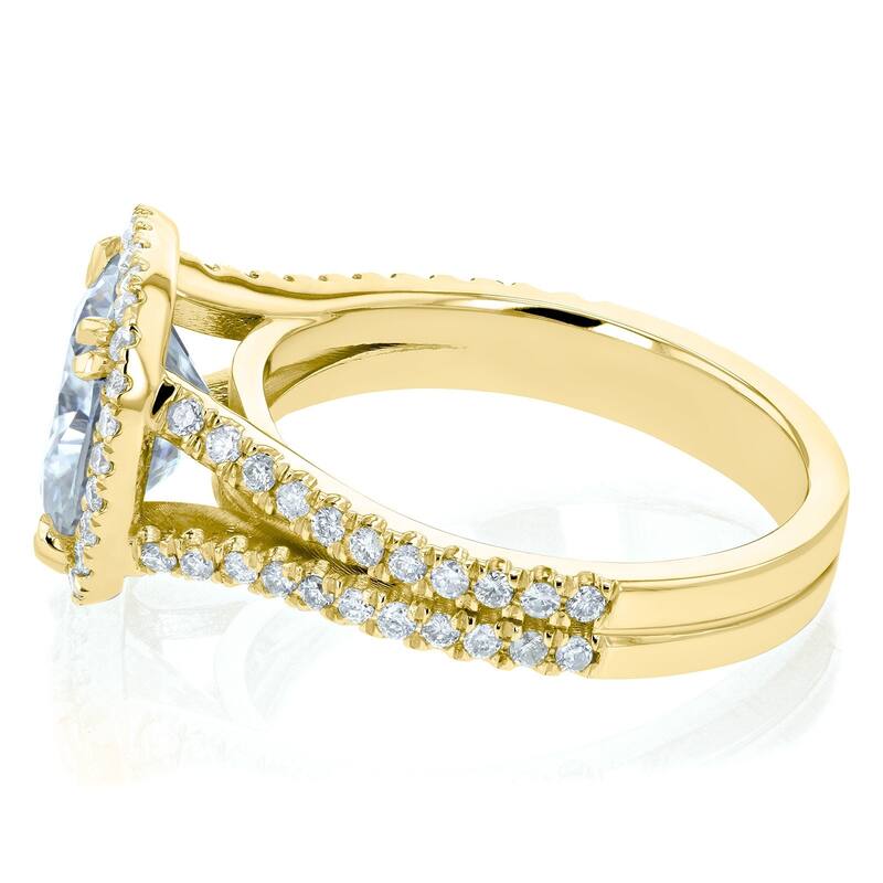 Annello by Kobelli 14k Gold 3 1/3ct TGW Cushion D-E-F Moissanite with Diamond Split Shank Halo Engagement Ring
