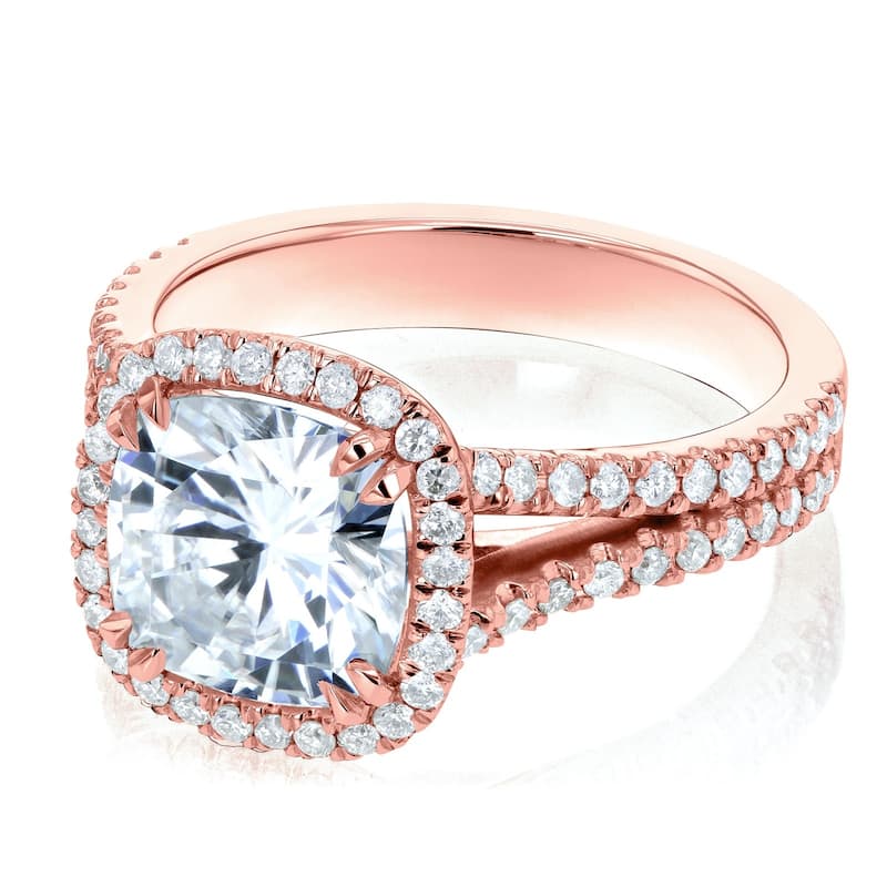 Annello by Kobelli 14k Gold 3 1/3ct TGW Cushion D-E-F Moissanite with Diamond Split Shank Halo Engagement Ring