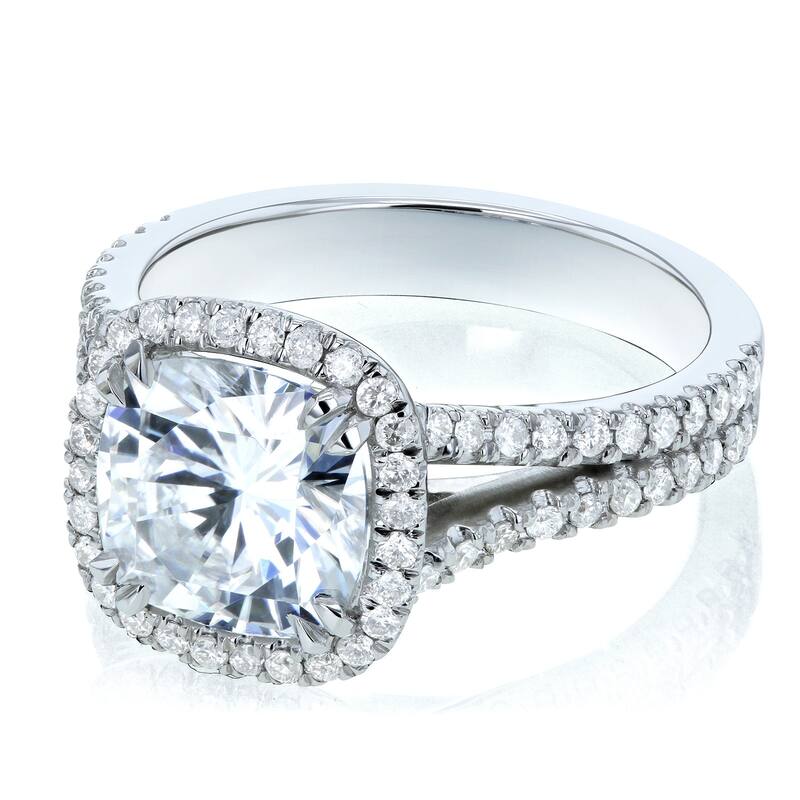 Annello by Kobelli 14k Gold 3 1/3ct TGW Cushion D-E-F Moissanite with Diamond Split Shank Halo Engagement Ring