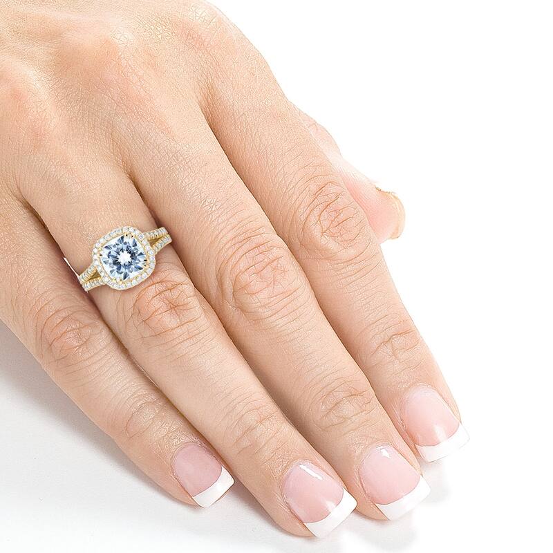 Annello by Kobelli 14k Gold 3 1/3ct TGW Cushion D-E-F Moissanite with Diamond Split Shank Halo Engagement Ring