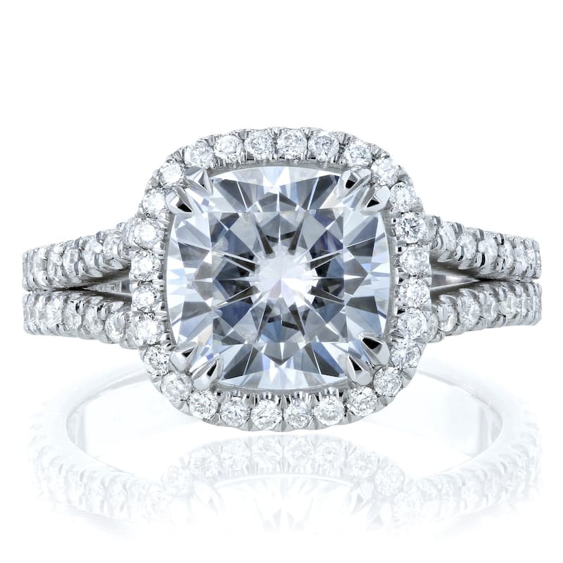 Annello by Kobelli 14k Gold 3 1/3ct TGW Cushion D-E-F Moissanite with Diamond Split Shank Halo Engagement Ring