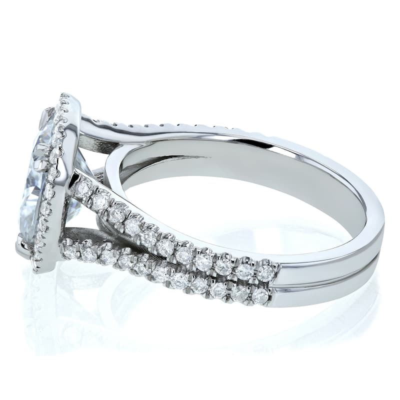 Annello by Kobelli 14k Gold 3 1/3ct TGW Cushion D-E-F Moissanite with Diamond Split Shank Halo Engagement Ring