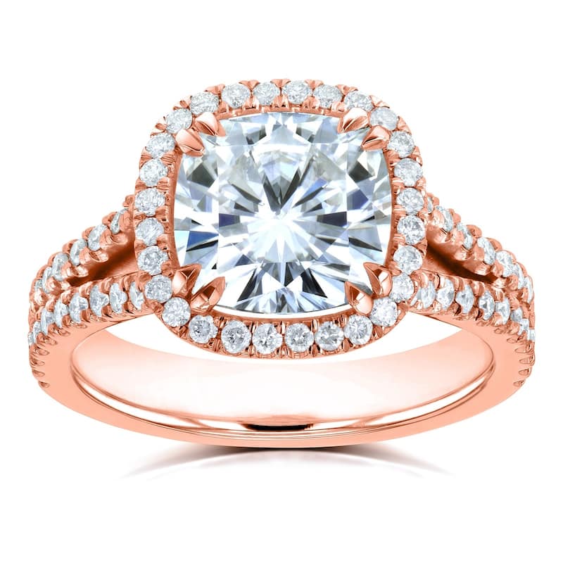 Annello by Kobelli 14k Gold 3 1/3ct TGW Cushion D-E-F Moissanite with Diamond Split Shank Halo Engagement Ring
