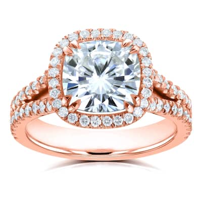 Annello by Kobelli 14k Gold 3 1/3ct TGW Cushion D-E-F Moissanite with Diamond Split Shank Halo Engagement Ring