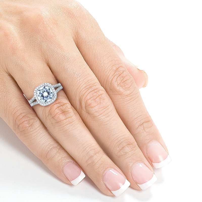 Annello by Kobelli 14k Gold 3 1/3ct TGW Cushion D-E-F Moissanite with Diamond Split Shank Halo Engagement Ring