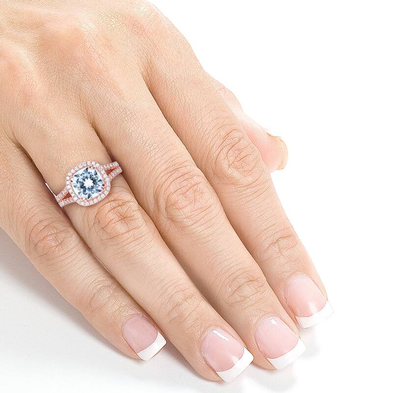 Annello by Kobelli 14k Gold 3 1/3ct TGW Cushion D-E-F Moissanite with Diamond Split Shank Halo Engagement Ring