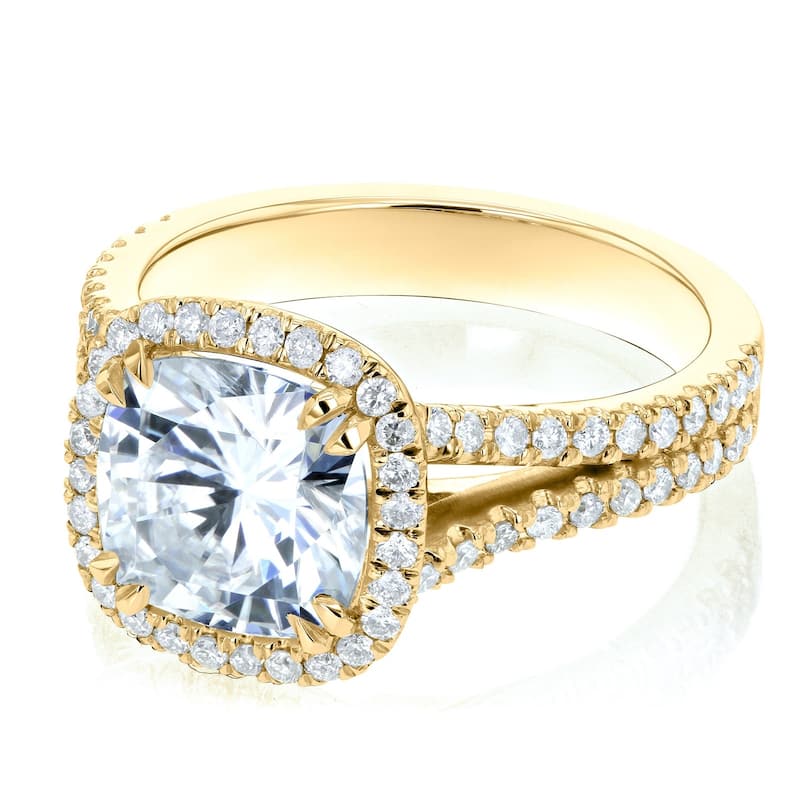 Annello by Kobelli 14k Gold 3 1/3ct TGW Cushion D-E-F Moissanite with Diamond Split Shank Halo Engagement Ring