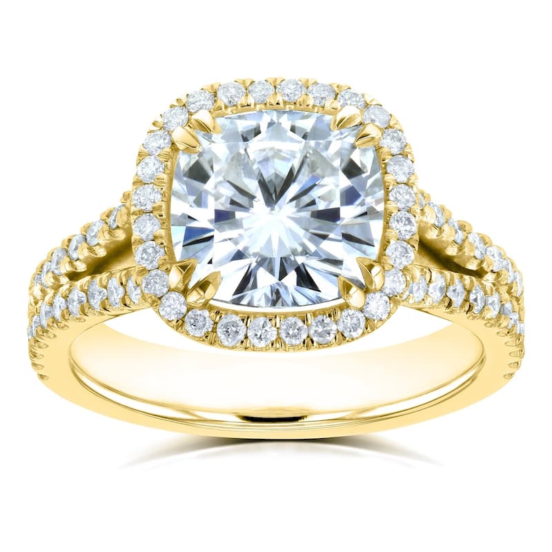 Annello by Kobelli 14k Gold 3 1/3ct TGW Cushion D-E-F Moissanite with Diamond Split Shank Halo Engagement Ring