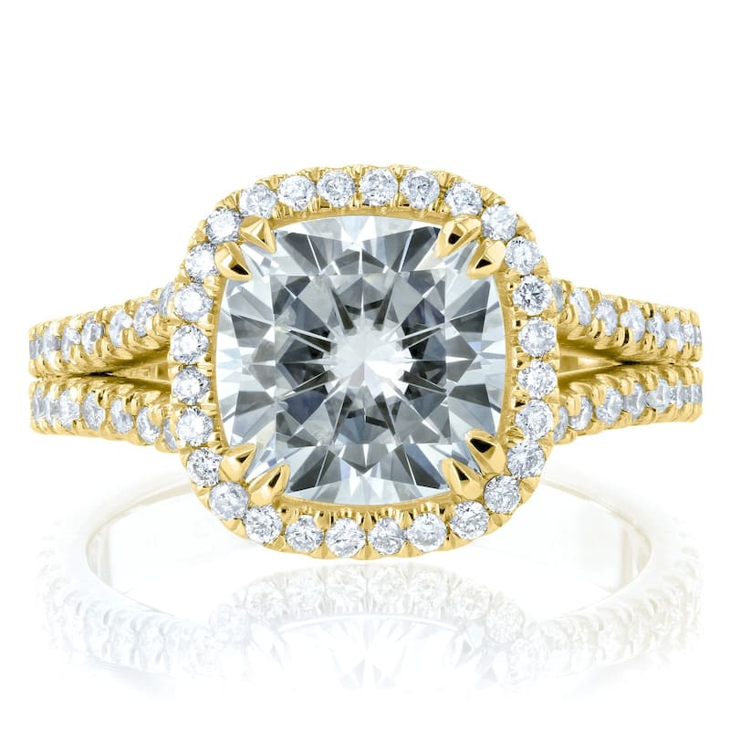 Annello by Kobelli 14k Gold 3 1/3ct TGW Cushion H-I Moissanite with Diamond Split Shank Halo Engagement Ring