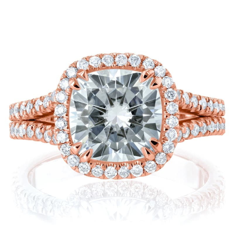 Annello by Kobelli 14k Gold 3 1/3ct TGW Cushion H-I Moissanite with Diamond Split Shank Halo Engagement Ring