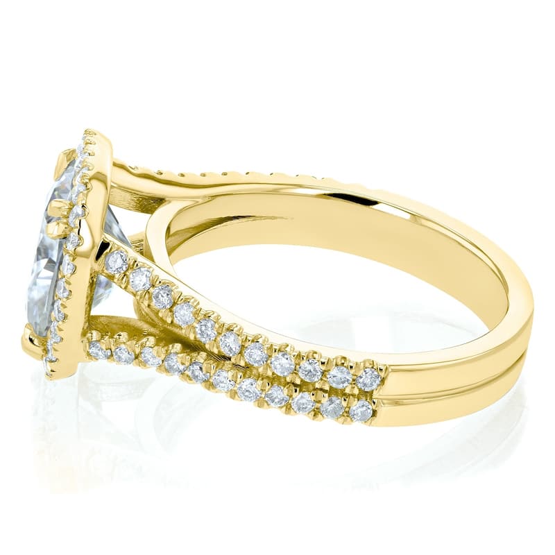 Annello by Kobelli 14k Gold 3 1/3ct TGW Cushion H-I Moissanite with Diamond Split Shank Halo Engagement Ring