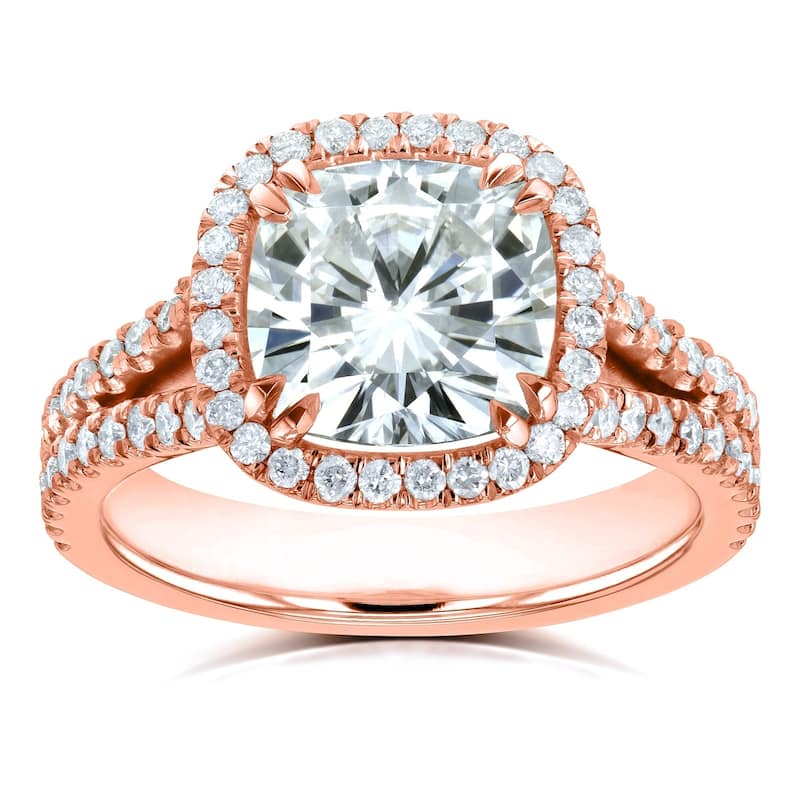 Annello by Kobelli 14k Gold 3 1/3ct TGW Cushion H-I Moissanite with Diamond Split Shank Halo Engagement Ring