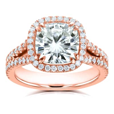 Annello by Kobelli 14k Gold 3 1/3ct TGW Cushion H-I Moissanite with Diamond Split Shank Halo Engagement Ring