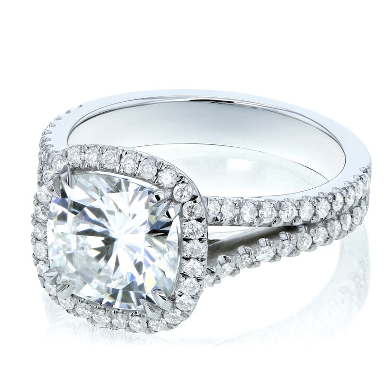 Annello by Kobelli 14k Gold 3 1/3ct TGW Cushion H-I Moissanite with Diamond Split Shank Halo Engagement Ring