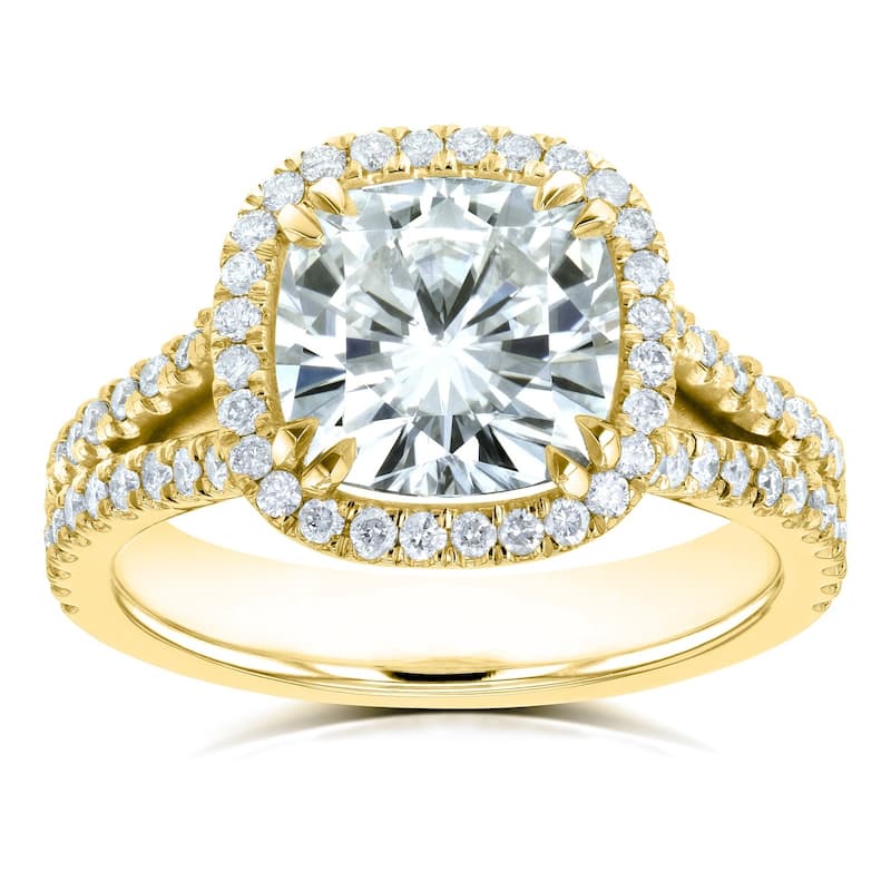 Annello by Kobelli 14k Gold 3 1/3ct TGW Cushion H-I Moissanite with Diamond Split Shank Halo Engagement Ring