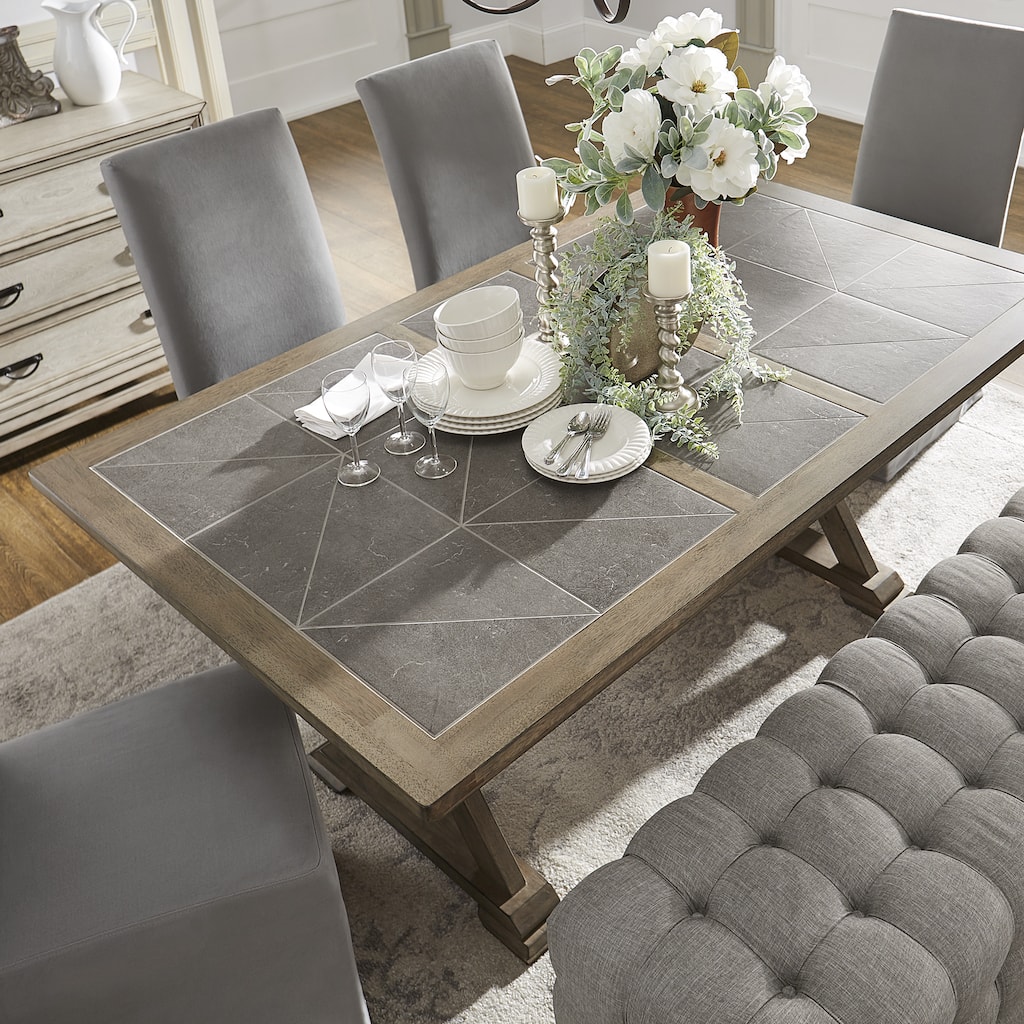 Pennington Grey Wood Rectangular Tile Top Trestle Dining Table by iNSPIRE Q Artisan