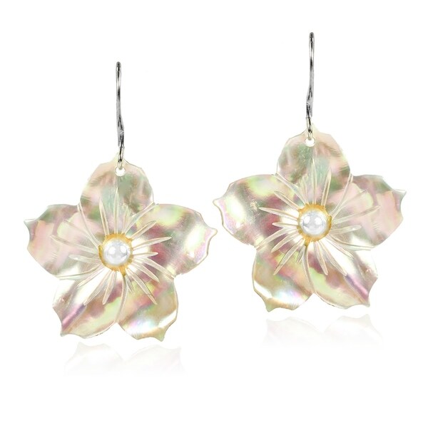 Hand Carved Seas Tropical Flower Pearl Inlays Dangle Hand Carved Seas Tropical Flower Pearl Inlays Dangle Earrings Multicolor