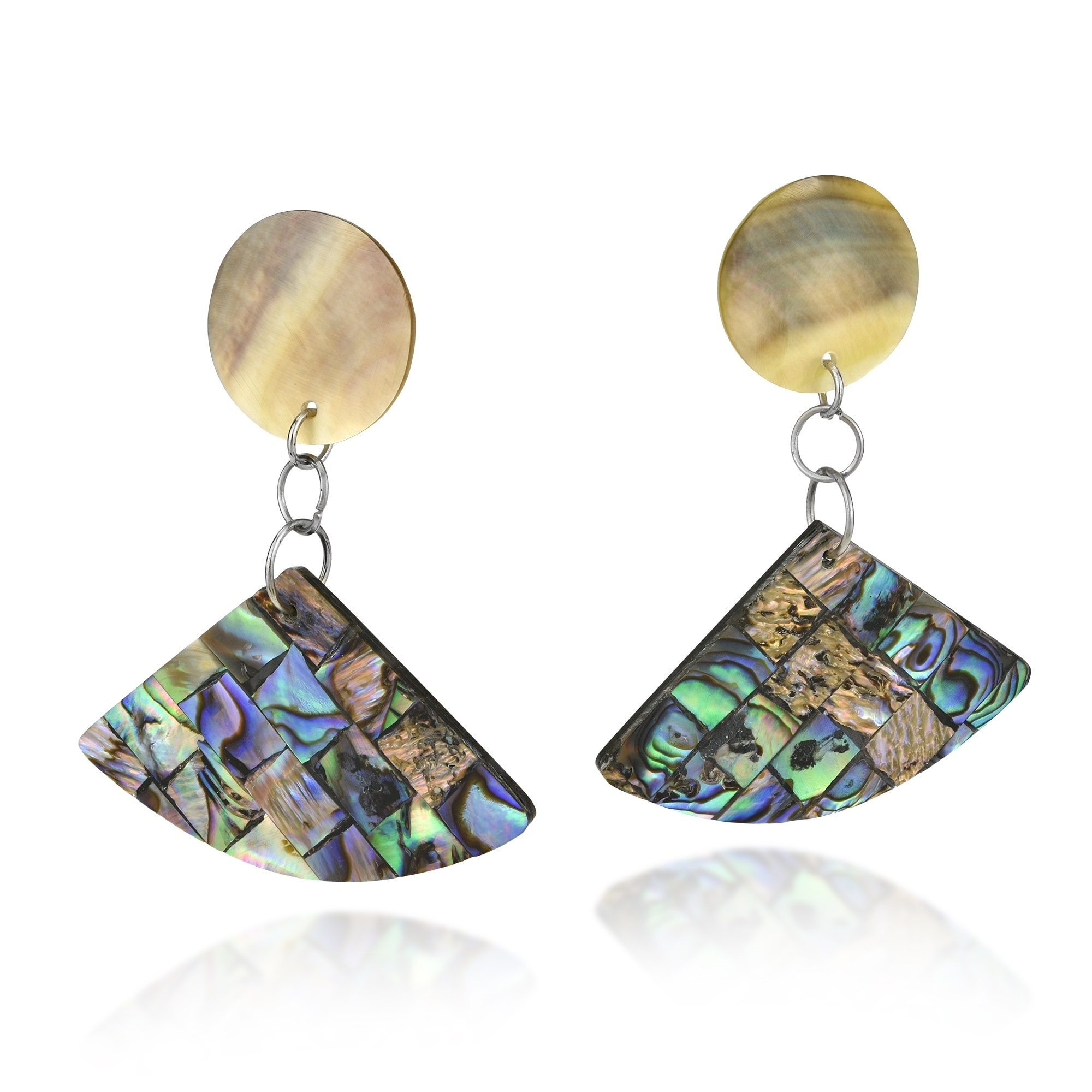 Trendy Upside-Down Fan Shaped Mosaic of Abalone Shell Post Drop Dangle Earrings Trendy Upside-Down Fan Shaped Mosaic of Abalone Shell Post Drop Dangle Earrings