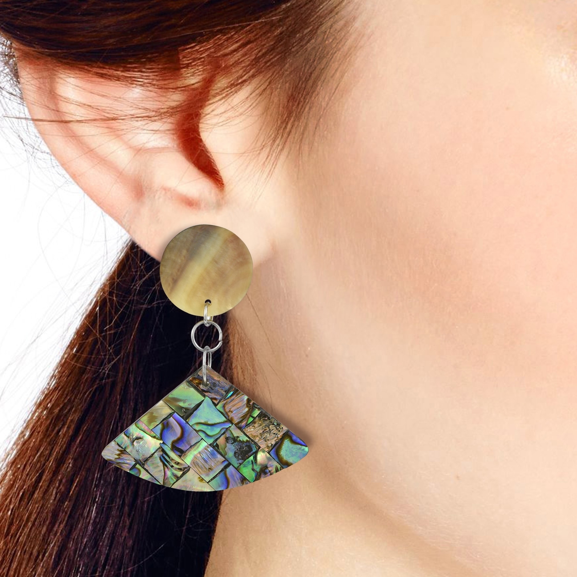 Trendy Upside-Down Fan Shaped Mosaic of Abalone Shell Post Drop Dangle Earrings 