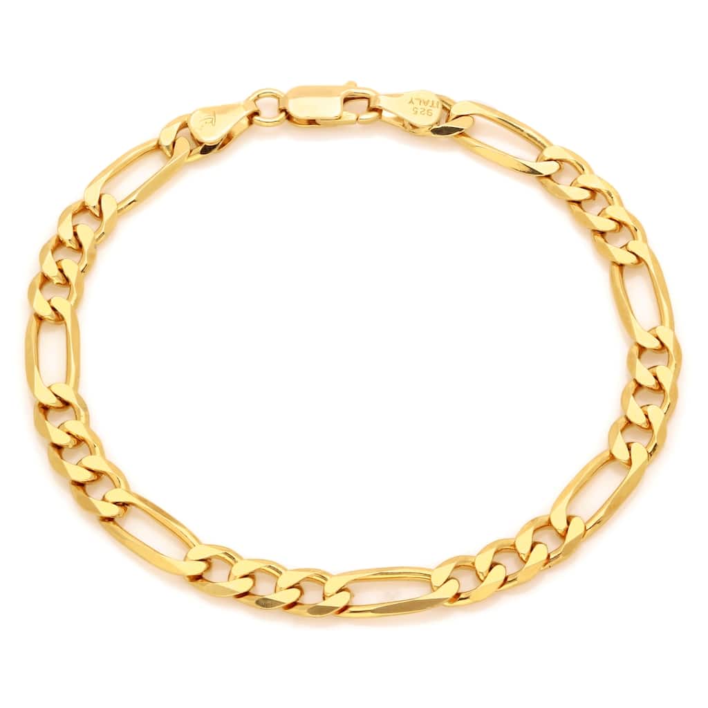 Yellow Gold Plated Silver 7 mm Beveled Figaro Bracelet (7-9 Inch)