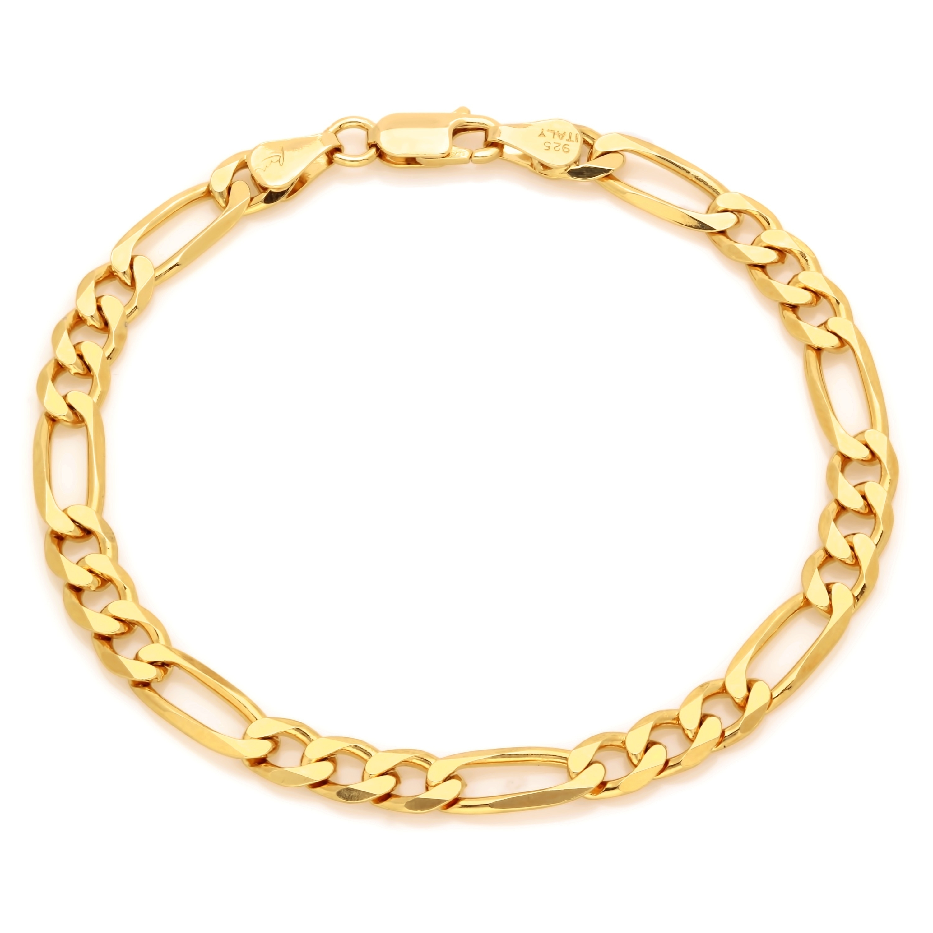 Yellow Gold Plated Silver 7 mm Beveled Figaro Bracelet (7-9 Inch)