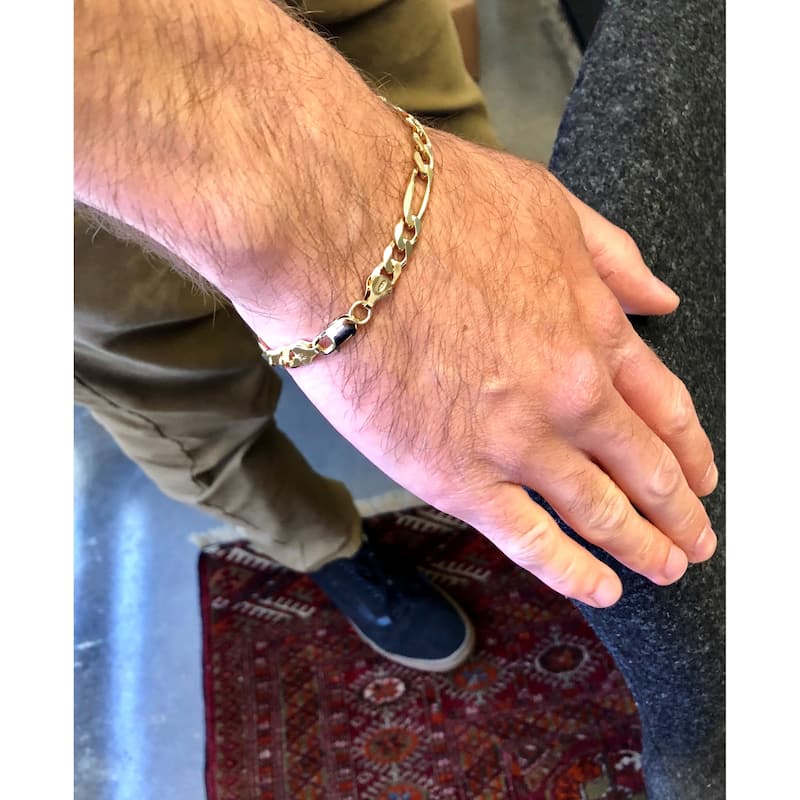 Yellow Gold Plated Silver 7 mm Beveled Figaro Bracelet (7-9 Inch)