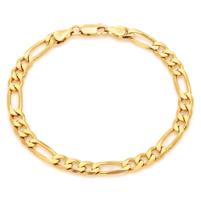 Yellow Gold Plated Silver 7 mm Beveled Figaro Bracelet (7-9 Inch) - 7 Inch