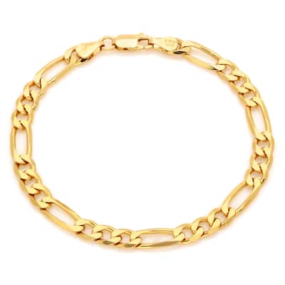 Yellow Gold Plated Silver 7 mm Beveled Figaro Bracelet (7-9 Inch)