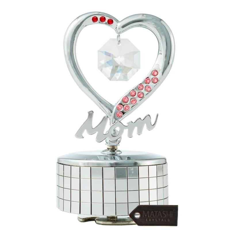 Mom Heart Wind-Up Music Box Table Top Ornament with Crystals by Matashi (Choose Gold or Silver)