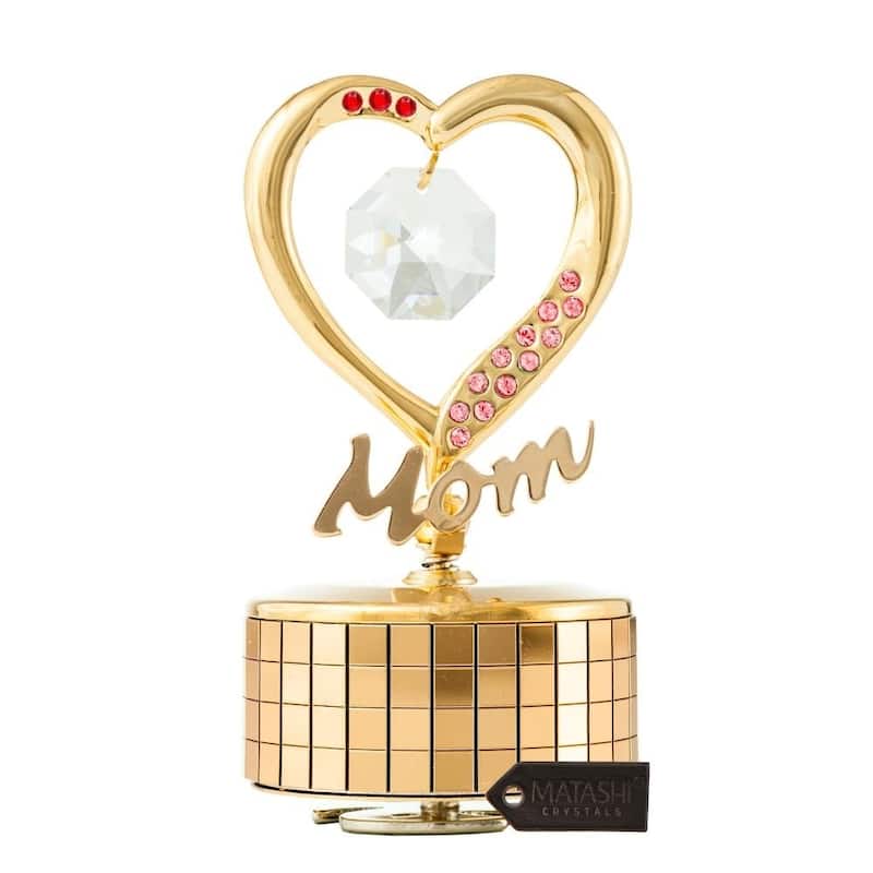 Mom Heart Wind-Up Music Box Table Top Ornament with Crystals by Matashi (Choose Gold or Silver)