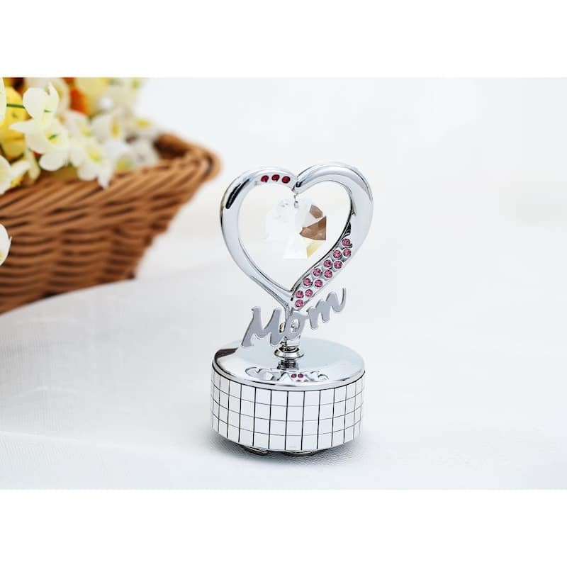 Mom Heart Wind-Up Music Box Table Top Ornament with Crystals by Matashi (Choose Gold or Silver)