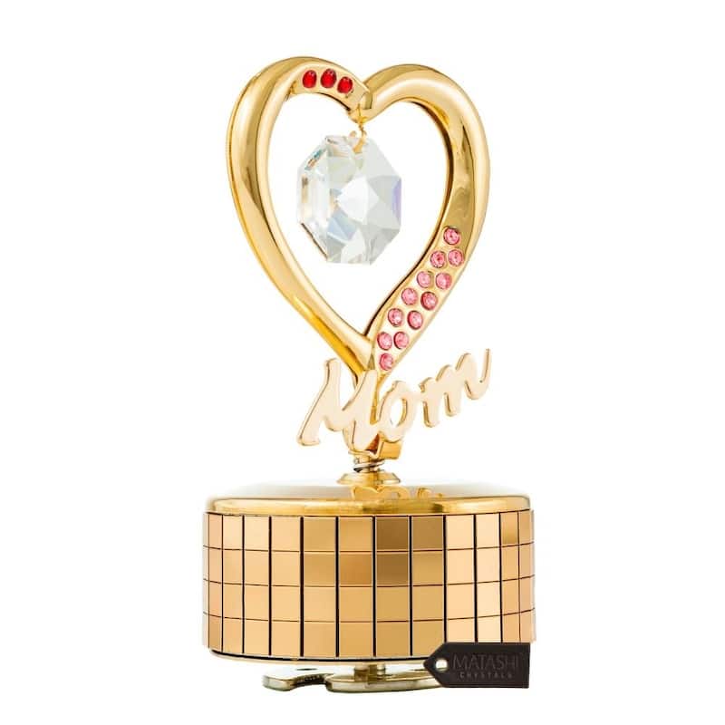 Mom Heart Wind-Up Music Box Table Top Ornament with Crystals by Matashi (Choose Gold or Silver)