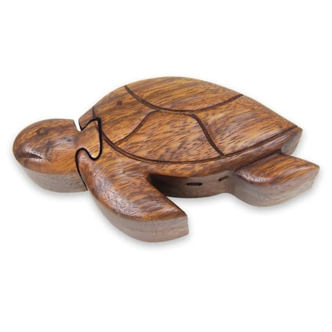 Handmade Wood Puzzle Box, 'Turtle Wisdom' (Indonesia)