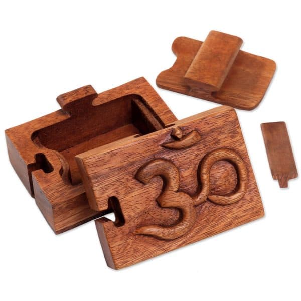 Om Secret Hidden Box Puzzle Box With Om Hand Carved Wood Puzzle Box  Decorative Wood Box Carved Om Box 