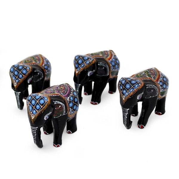 Handmade Lacquered Wood Figurines Four Young Elephants Set of 4 (Thailand). Opens flyout.