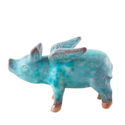 Handmade Ceramic Figurine Blue Flying Pig (Thailand)