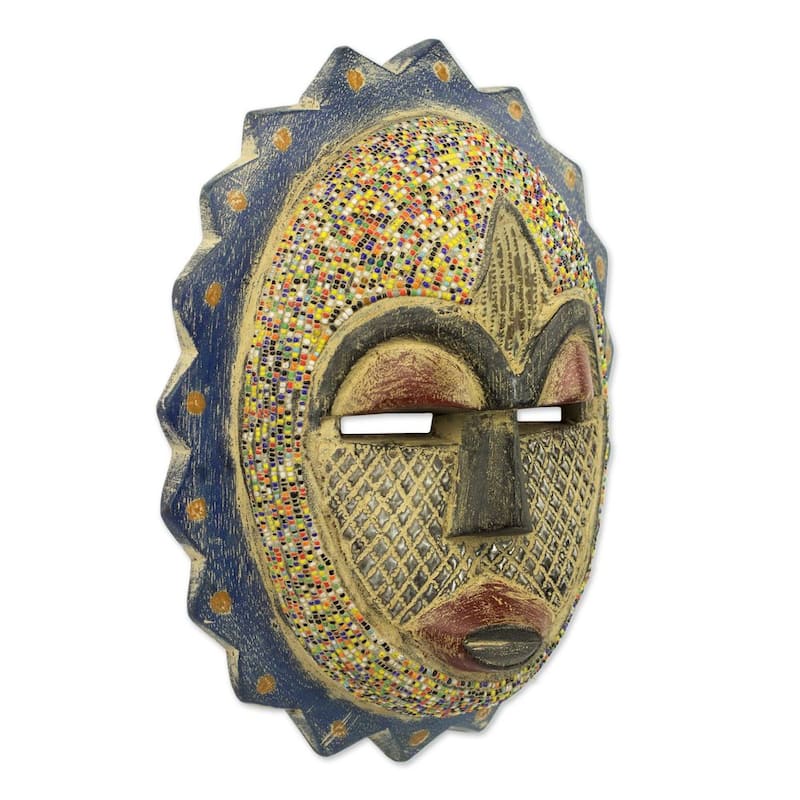 Handmade Speckled Sun Beaded Wood Mask (Ghana)