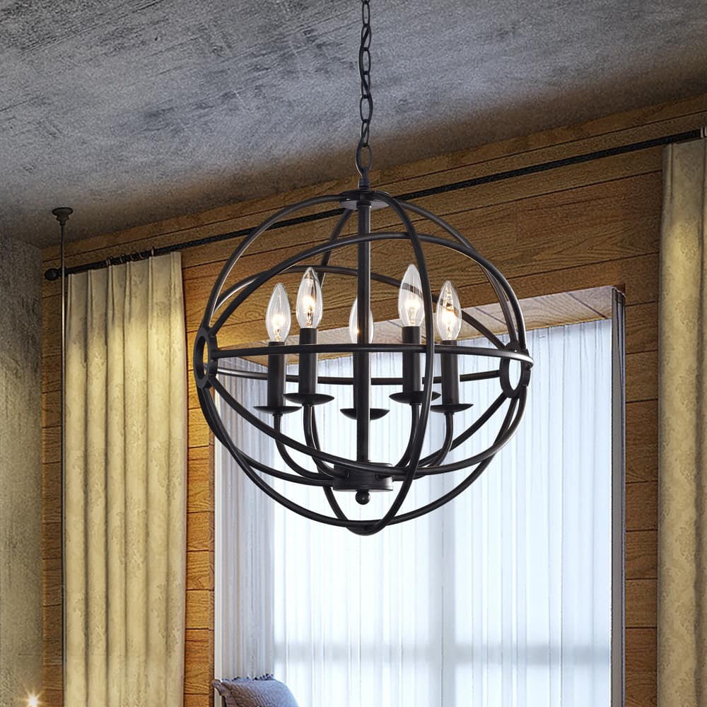 Benita 5-light Antique Black Metal Strap Globe Chandelier